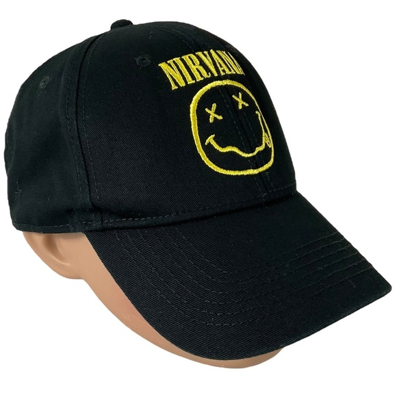 Nirvana Black Baseball Hat Embroidered Yellow Smile Face Logo Adjustable Cap - Picture 3 of 11
